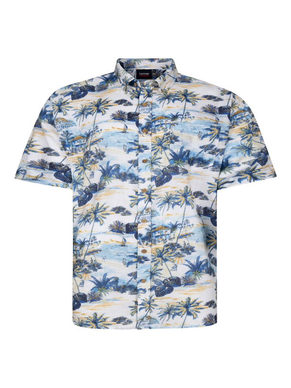 Navy white palm print shirt